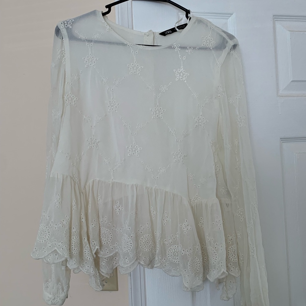 Zara peplum white lace blouse button up Sz M